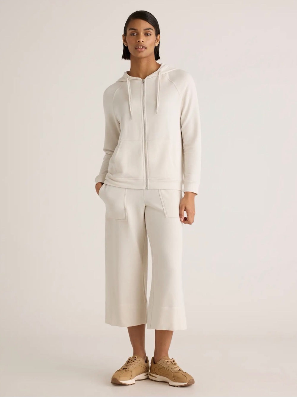 Quince SuperSoft Fleece Hoodie and Cropped Wide Leg Cropped Pants in Off-White